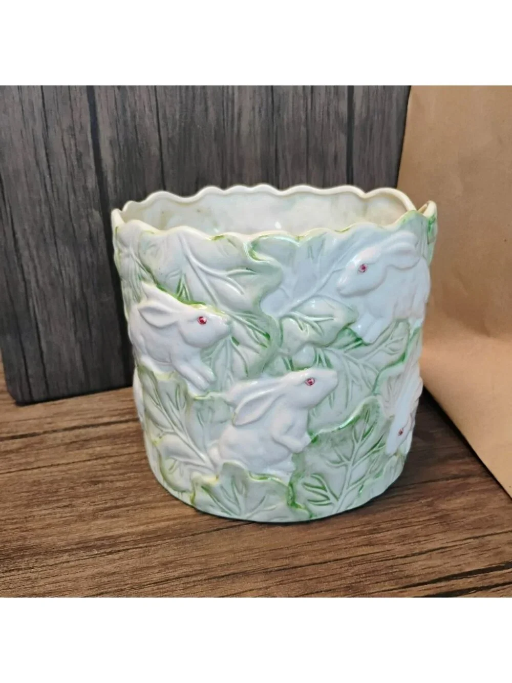 Vintage 1987 Haldon Group Rabbit Cabbage Leaf Planter Cachepot Japan Ceramic